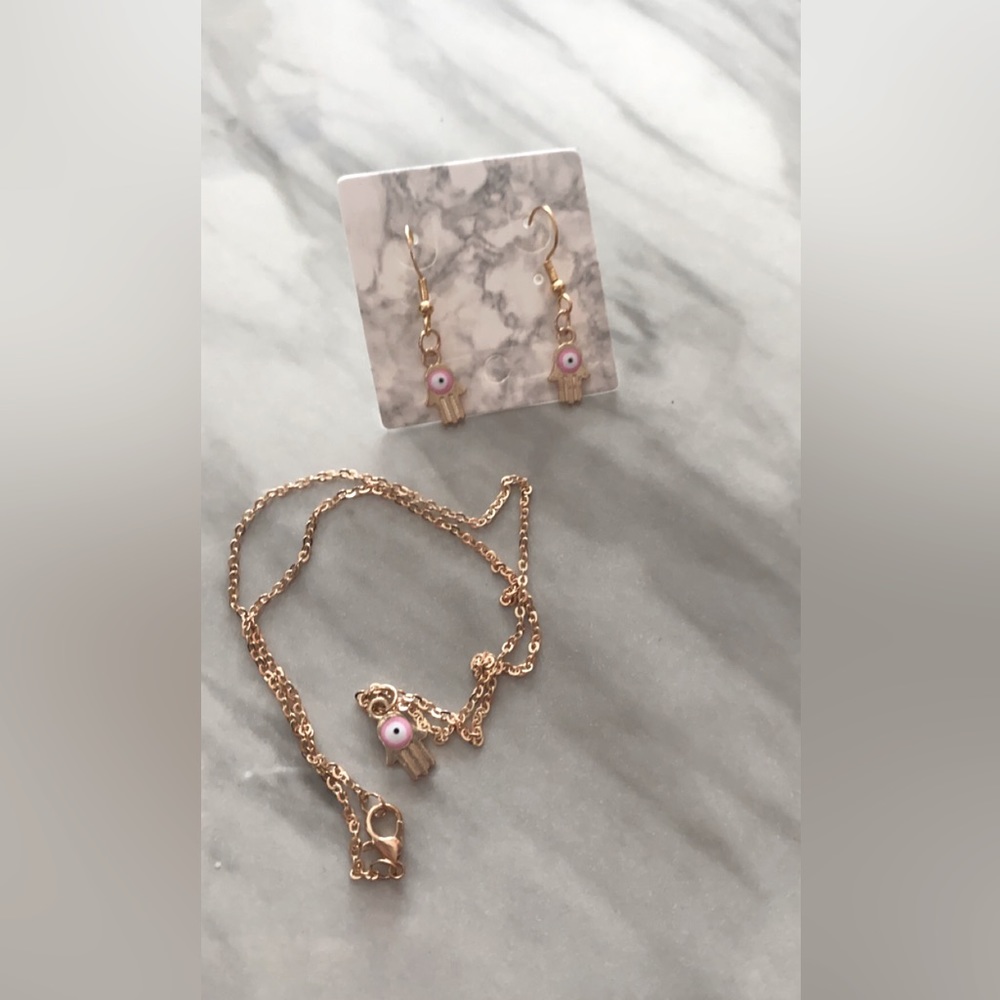 Pink Evil eye necklace and earrings combo